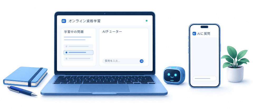 パソコンとスマホからAIチューターに質問し、解説が届くオンライン資格学習のアニメーション。そばに小さな青いAI端末。