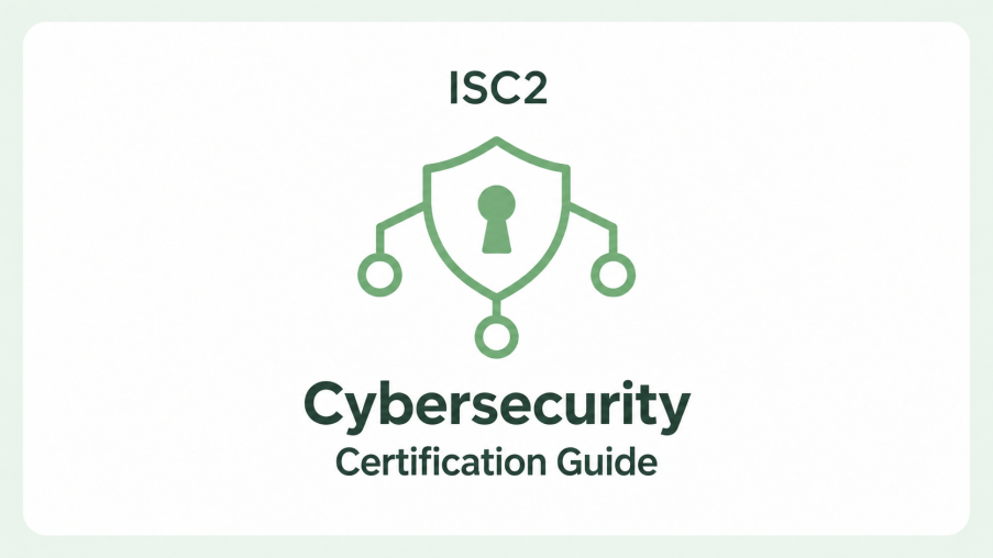 ISC2 Cybersecurity Certification Guide with a light green shield, keyhole, and connected network nodes.