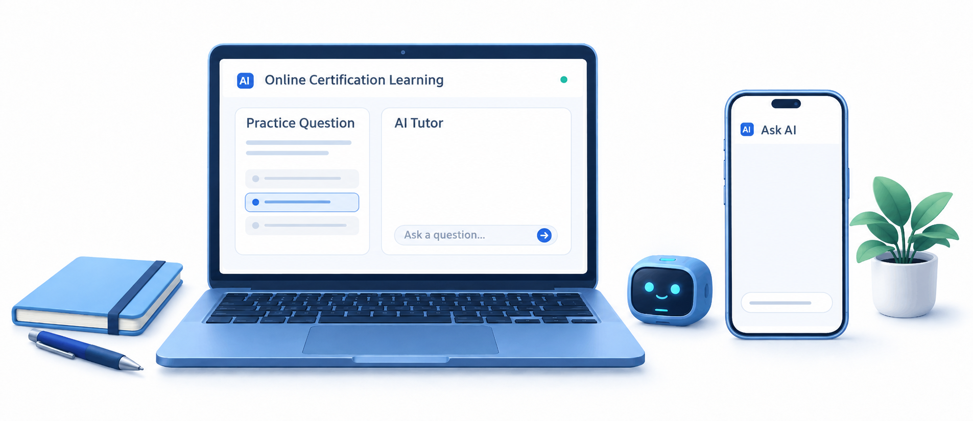 Online certification learning with an AI tutor on a laptop and smartphone, accompanied by a small blue AI assistant.